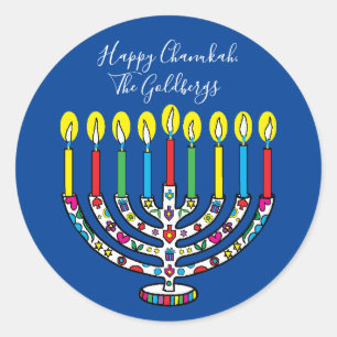 Adesivo Redondo Hanukkah - Menorah Hanukiah Colorida