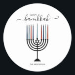 Adesivo Redondo Hanukkah Menorah Holiday Sticker<br><div class="desc">Personalize o texto personalizado acima. Você pode encontrar itens de coordenação adicionais em nossa coleção "Presentes de Chanucá e Menorah".</div>