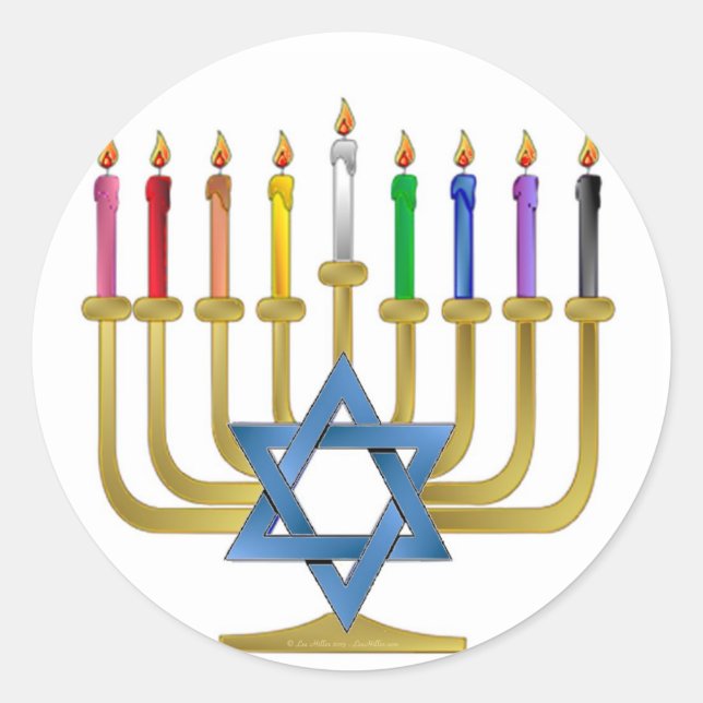 Adesivo Redondo Hanukkah Rainbow Candles Dourados Menorah (Frente)