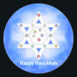 Adesivo Redondo Hanukkah Star e Snowflakes Blue<br><div class="desc">Pintadas com o meu design da Estrela de David e pequenos flocos de neve coloridos num fundo azul e branco. O texto diz "Feliz Chanucá".</div>