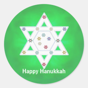 Adesivo Redondo Hanukkah Star e Snowflakes Green