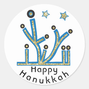 Adesivo Redondo Hanukkah Stickers "Blue Bling Menorah"