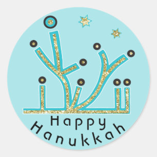 Adesivo Redondo Hanukkah Stickers "Blue Lights Latkes Chanukah"