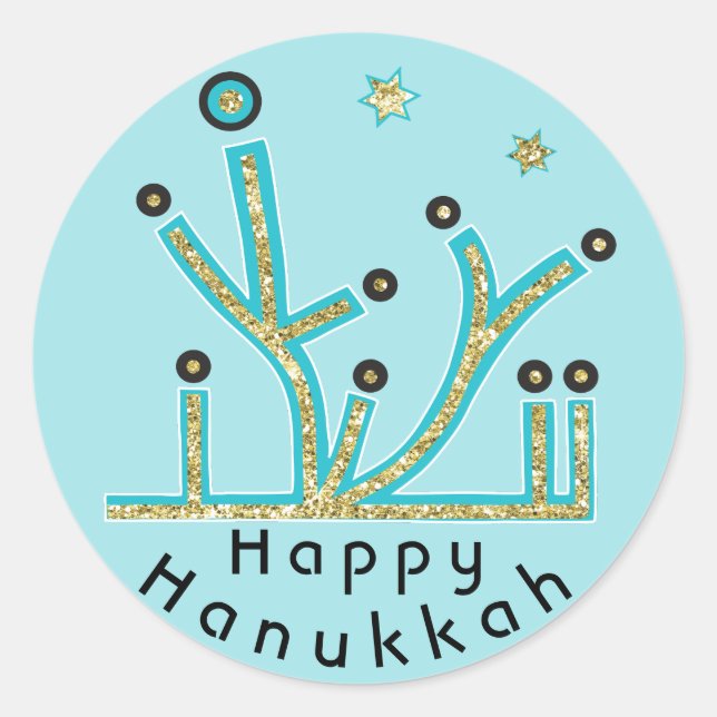 Adesivo Redondo Hanukkah Stickers "Blue Lights Latkes Chanukah" (Frente)