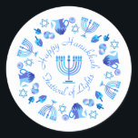 Adesivo Redondo Hanukkiah Happy Hanukkah Holiday Menorah<br><div class="desc">Símbolo Hanukkiah. Feliz Festa de Hanukkah Feriado Judeu Menorah Azul. Decoração de Feriado Judeu Chanukkah com o símbolo decorativo tradicional de Chanuka - Marinho Blue color hanukkiah menorah, candelabro com velas, estrela de David e ilustração azul neon brilhante. Festa de Chanucá das Luzes Decoração do Evento. Jerusalém, Israel. Artesanatos e...</div>