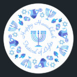 Adesivo Redondo Hanukkiah Happy Hanukkah Holiday Menorah<br><div class="desc">Símbolo Hanukkiah. Feliz Festa de Hanukkah Feriado Judeu Menorah Azul. Decoração de Feriado Judeu Chanukkah com o símbolo decorativo tradicional de Chanuka - Marinho Blue color hanukkiah menorah, candelabro com velas, estrela de David e ilustração azul neon brilhante. Festa de Chanucá das Luzes Decoração do Evento. Jerusalém, Israel. Artesanatos e...</div>