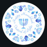 Adesivo Redondo Hanukkiah Happy Hanukkah Holiday Menorah<br><div class="desc">Símbolo Hanukkiah. Feliz Festa de Hanukkah Feriado Judeu Menorah Azul. Decoração de Feriado Judeu Chanukkah com o símbolo decorativo tradicional de Chanuka - Marinho Blue color hanukkiah menorah, candelabro com velas, estrela de David e ilustração azul neon brilhante. Festa de Chanucá das Luzes Decoração do Evento. Jerusalém, Israel. Artesanatos e...</div>