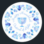 Adesivo Redondo Hanukkiah Happy Hanukkah Holiday Menorah<br><div class="desc">Símbolo Hanukkiah. Feliz Festa de Hanukkah Feriado Judeu Menorah Azul. Decoração de Feriado Judeu Chanukkah com o símbolo decorativo tradicional de Chanuka - Marinho Blue color hanukkiah menorah, candelabro com velas, estrela de David e ilustração azul neon brilhante. Festa de Chanucá das Luzes Decoração do Evento. Jerusalém, Israel. Artesanatos e...</div>