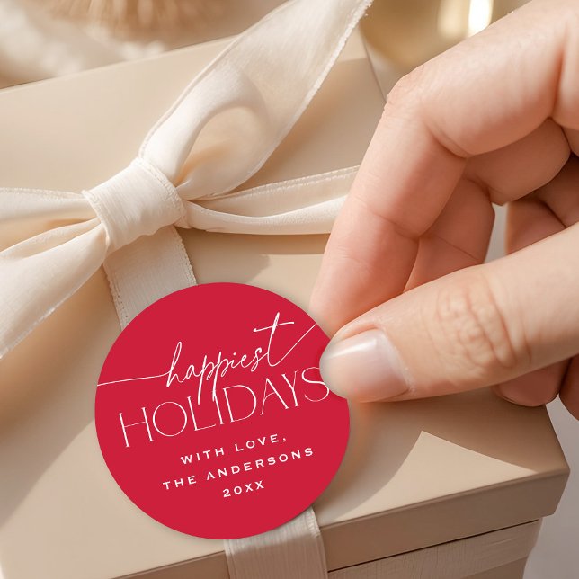 Adesivo Redondo Happiest Holidays Elegant Red Christmas Gift (Criador carregado)
