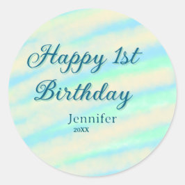 Adesivo Redondo Happy 1st birthday kids baby blue green pastel ret
