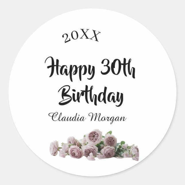 Adesivo Redondo Happy 30th birthday pink white mauve floral name y (Frente)