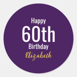 Adesivo Redondo Happy 60th Birthday Name Gold Dark Purple White