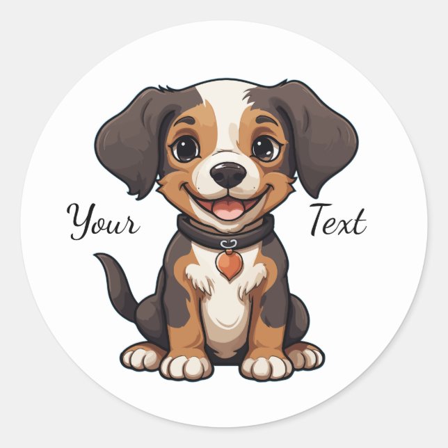 Adesivo Redondo Happy Animated Puppy Illustration Customizable (Frente)
