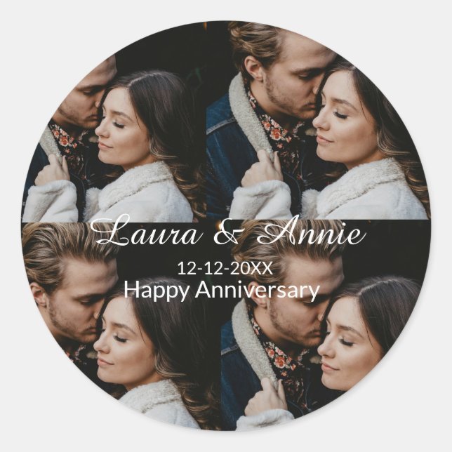 Adesivo Redondo Happy anniversary photo collage name date simple w (Frente)