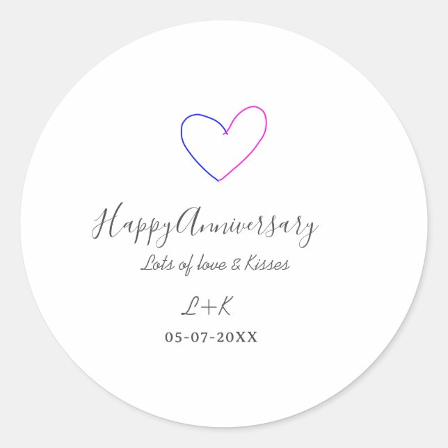 Adesivo Redondo Happy anniversary pink blue heart name date simple (Frente)