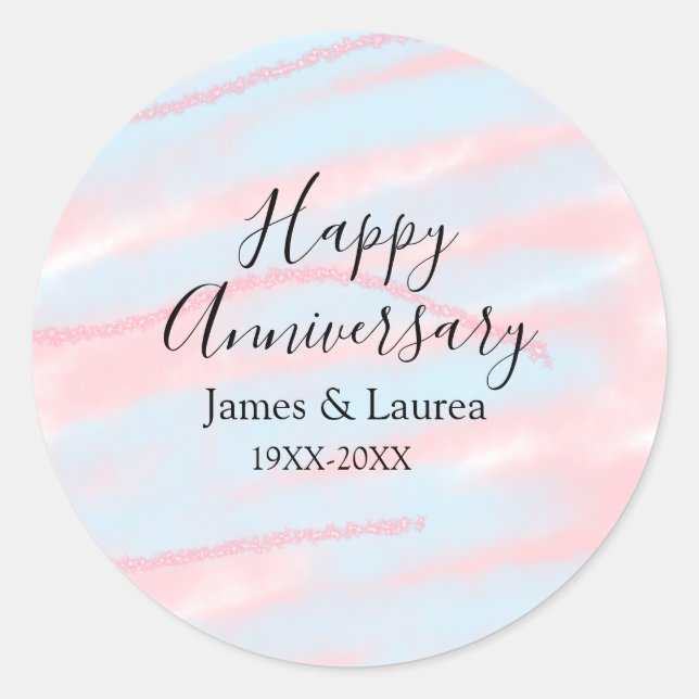 Adesivo Redondo Happy anniversary wedding name date year pastel  (Frente)