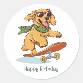 Adesivo Redondo Happy Birthday Golden Retriever Dog Skateboarding
