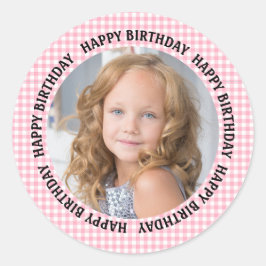 Adesivo Redondo Happy Birthday Photo Gingham Pink Girls 