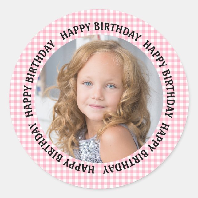 Adesivo Redondo Happy Birthday Photo Gingham Pink Girls  (Frente)