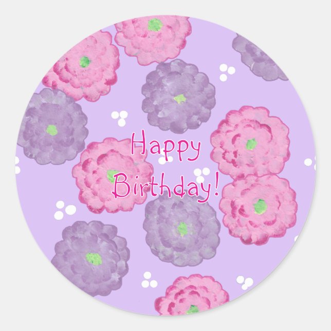 Adesivo Redondo Happy Birthday, pink and purple flowers stickers (Frente)