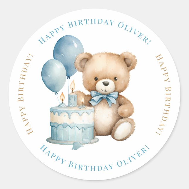 Adesivo Redondo Happy Birthday Watercolor Teddy Bear and Cake (Frente)