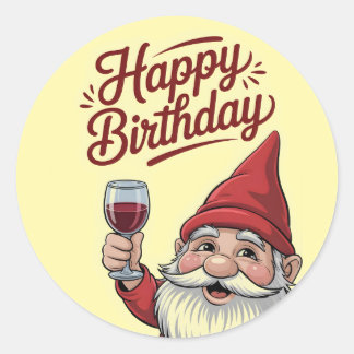 Adesivo Redondo "Happy Birthday" Wine-Toasting Gnome