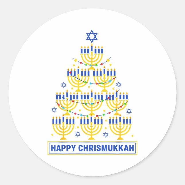 Adesivo Redondo Happy Chrismukkah Hanukkah Light Tree Jewish Holid (Frente)