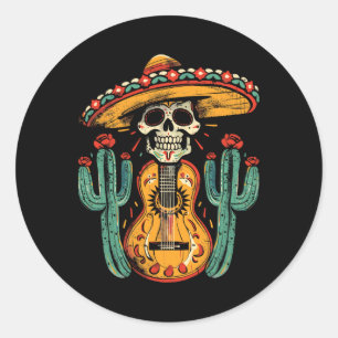 Adesivo Redondo Happy Cinco De Mayo Skeleton Skull Sombrero Guitar