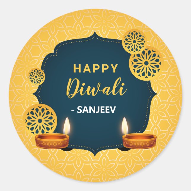 Adesivo Redondo Happy Diwali / Deepavali Stickers - Dourado indian (Frente)