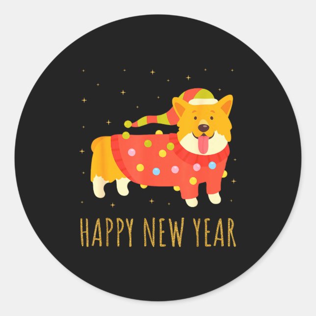 Adesivo Redondo Happy Dog Corgi Celebrating New Year Cozy Christma (Frente)
