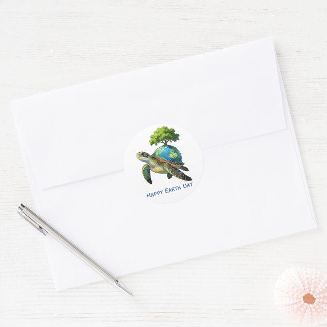 Adesivo Redondo Happy Earth Day Turtle Planet and Trees (Envelope)