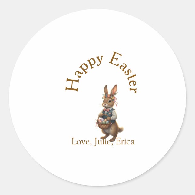 Adesivo Redondo Happy Easter brown bunny with eggs love add name  (Frente)