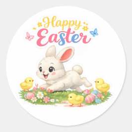 Adesivo Redondo Happy Easter Bunny Sticker – Cute Spring Design wi