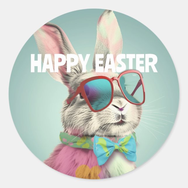 Adesivo Redondo Happy Easter Bunny with Sunglasses Funny (Frente)