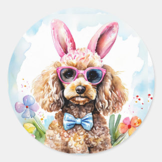 Adesivo Redondo Happy Easter Cute Bunny Poodle Watercolor Dog