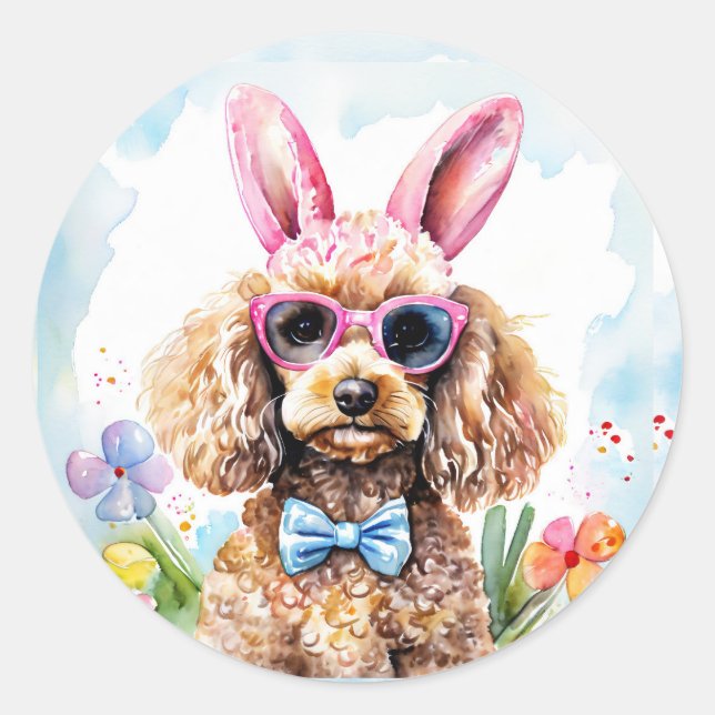 Adesivo Redondo Happy Easter Cute Bunny Poodle Watercolor Dog (Frente)