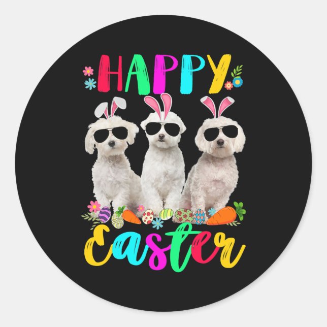 Adesivo Redondo Happy Easter Three Maltese Wearing Bunny Ears (Frente)