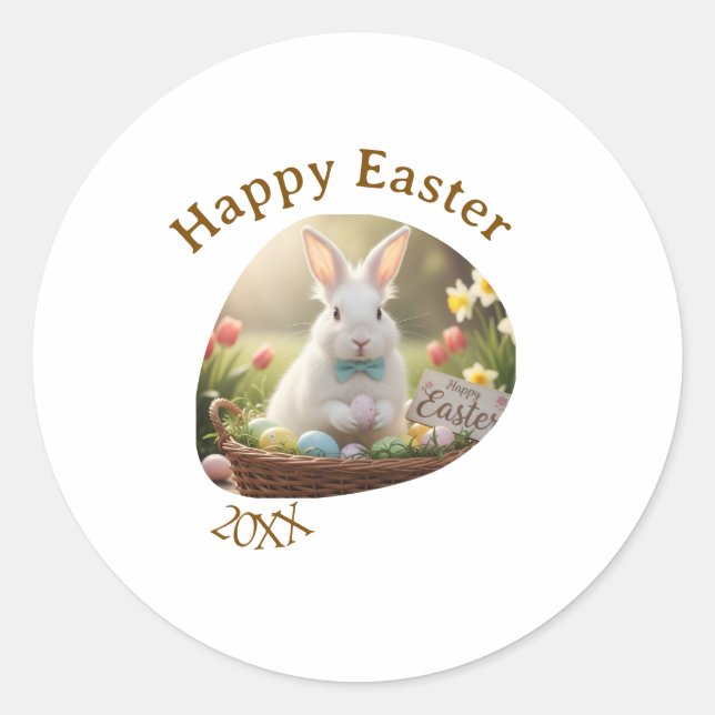 Adesivo Redondo Happy Easter white bunny year photo family name  (Frente)
