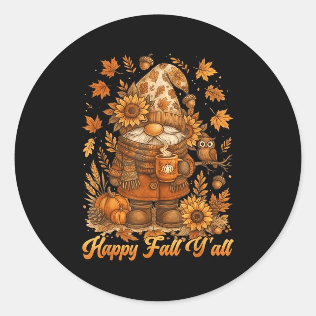 Adesivo Redondo Happy Fall Y'all Gnome Pumpkin Autumn Thanksgiving (Frente)