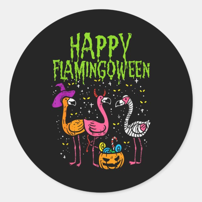 Adesivo Redondo Happy Flamingoween Y Flamingos Funny Halloween Cos (Frente)