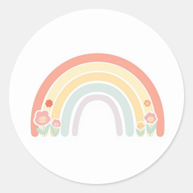 Adesivo Redondo Happy Flower Faces Pastel Rainbow Favor Sticker (Frente)