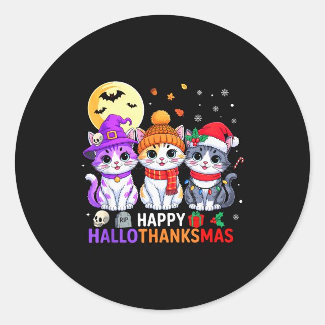 Adesivo Redondo Happy Hallothanksmas Cats Halloween Thanksgiving C (Frente)