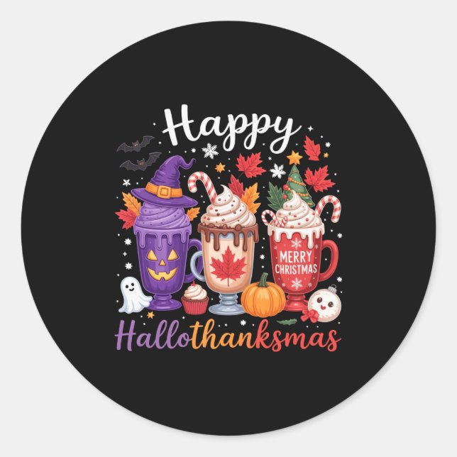 Adesivo Redondo Happy Hallothanksmas Coffee Lover Halloween Merry  (Frente)
