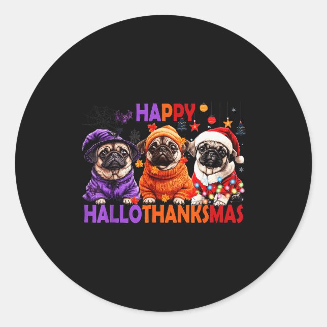 Adesivo Redondo Happy Hallothanksmas Funny Pug Halloween Thanksgiv (Frente)