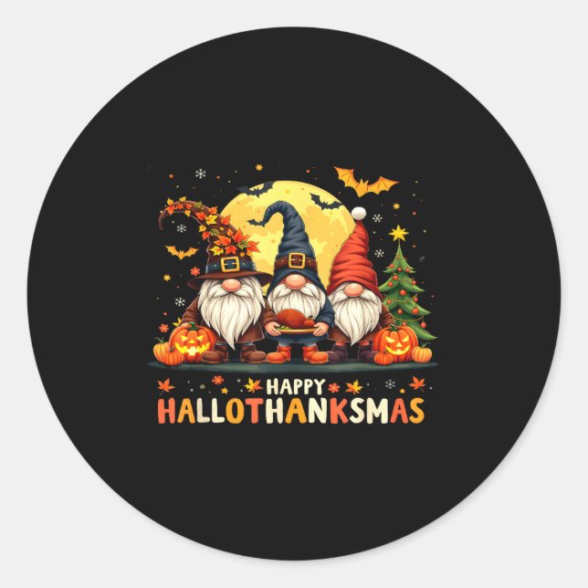 Adesivo Redondo Happy Hallothanksmas Gnomes Halloween Thanksgiving (Frente)