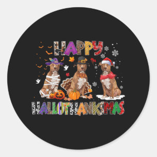 Adesivo Redondo Happy Hallothanksmas Pitbull Dog Halloween C