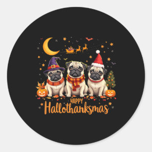 Adesivo Redondo Happy Hallothanksmas Pug Dogs Halloween Thanksgivi