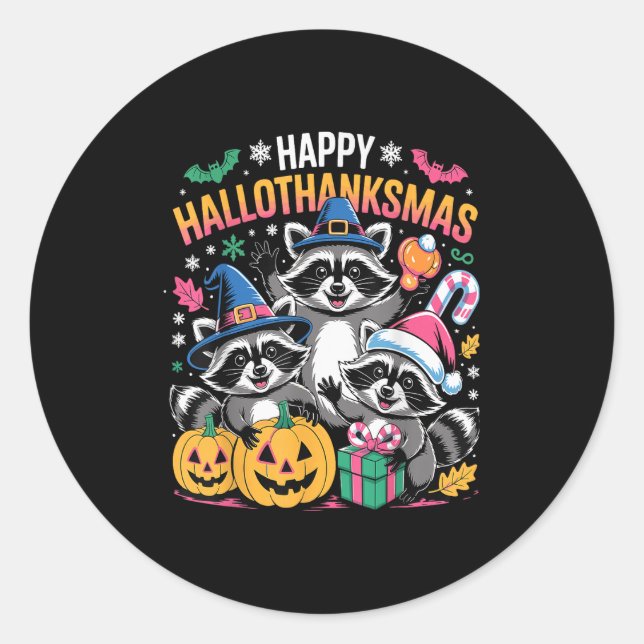 Adesivo Redondo Happy Hallothanksmas Raccoon Halloween Merry Chris (Frente)