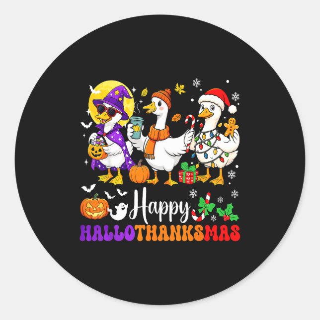 Adesivo Redondo Happy Hallothanksmas Santa Goose Witch Soky Season (Frente)