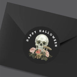 Adesivo Redondo Happy Halloween Black Skull Pink Floral